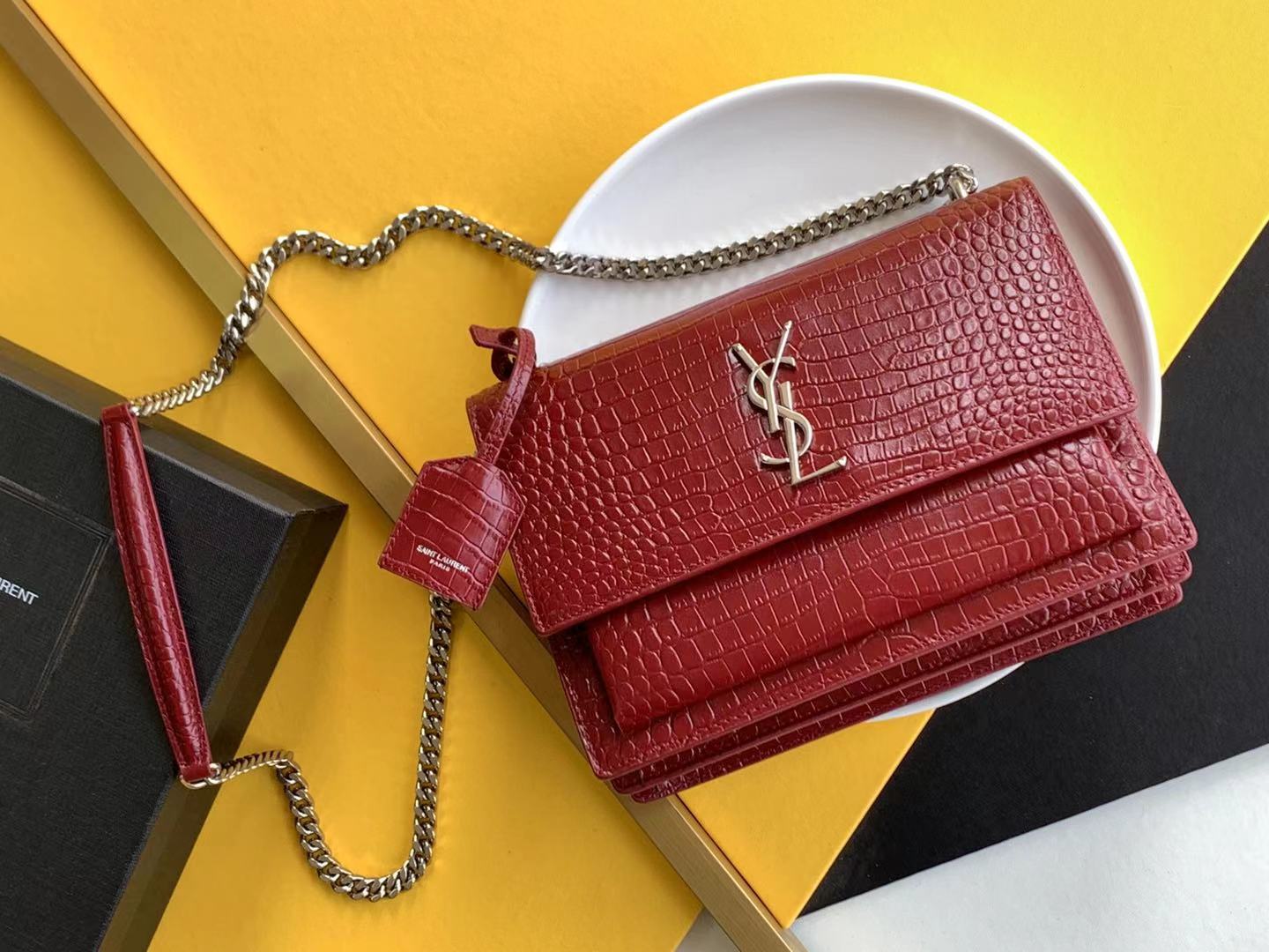 Medium Sunset Bag Crocodile Embossed Red with Silver Hardware