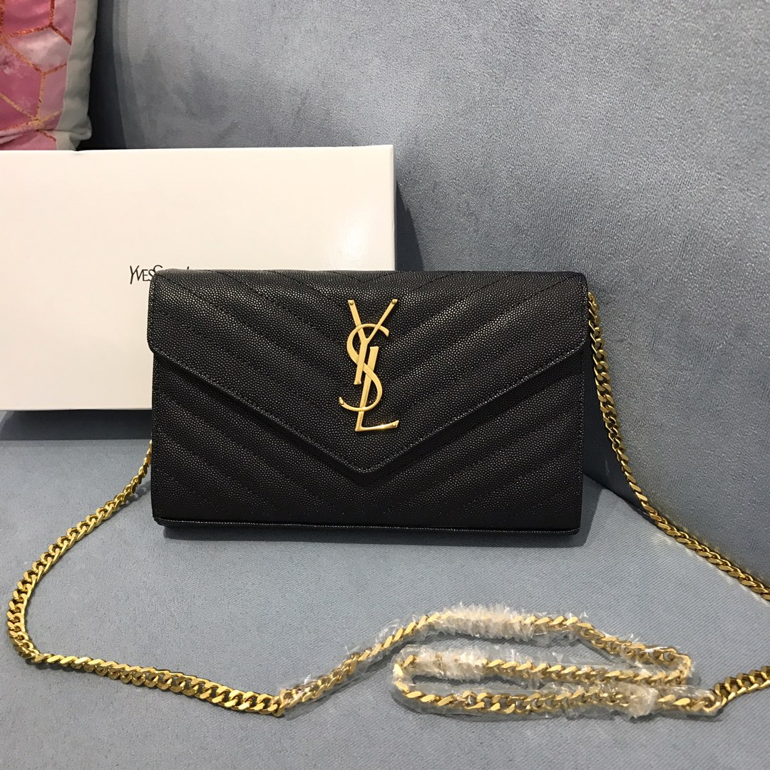 Sa1nt Lau*nt Y51 Matelasse Chain Wallet In Grain De Poudre Embossed Leather Black